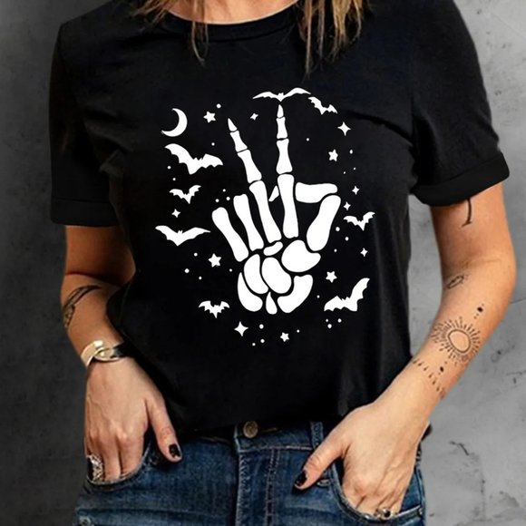 Black Halloween Bat & Skeleton Hand Graphic Tee - Picture 9 of 12